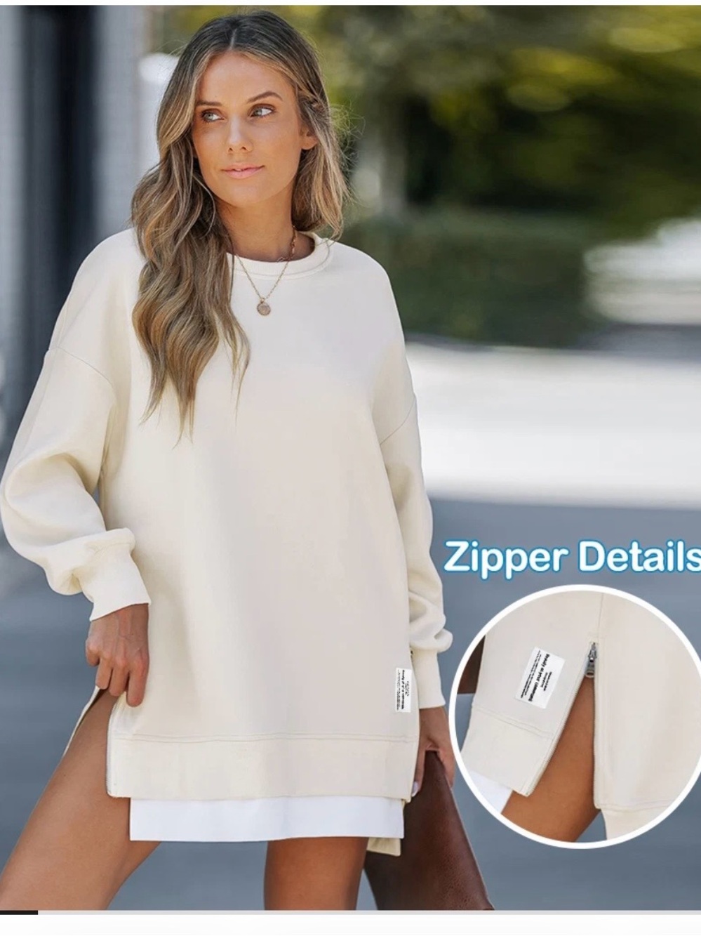 Chickme-Women’s Cream Oversized Sweatshirt with Zipper Detail-NWT